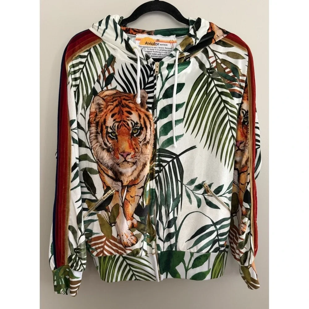 Aviator Nation Tiger Jungle Classic Full Zip Hoodie Velvet White Unisex Medium - Picture 1 of 14
